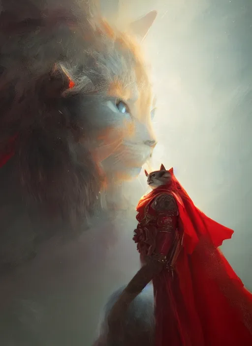 Image similar to side profile of a cat king wearing a crown and red cape, fantasy, digital painting, volumetric light, intricate, sharp, focus, bloom, illustration, highly detailed, concept art, matte, ruan jia, randy vargas, greg rutkowski