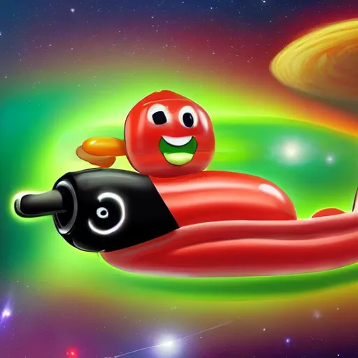 Image similar to a beautiful hotdog character in space wearing a tuxedo with colorful bright green eyes, medium shot, hd, 8k, hyper-realism, detailed,