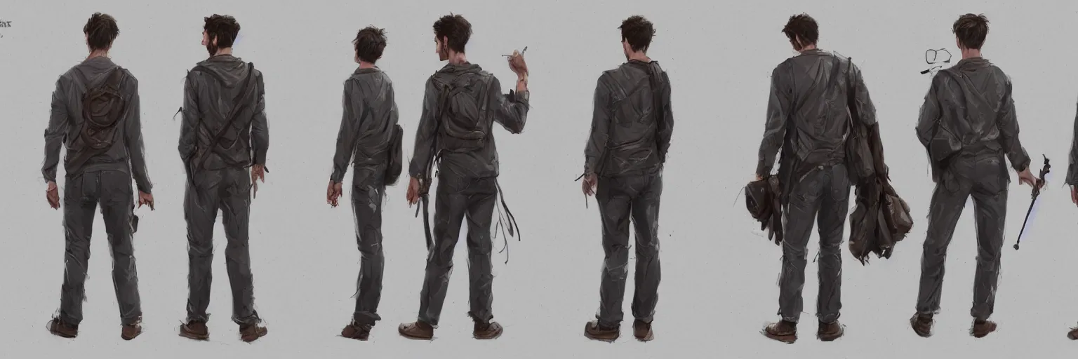 Image similar to character study of julian lage and andrew garfield, innocent, naive, character sheet, fine details, concept design, contrast, kim jung gi, greg rutkowski and francis bacon, trending on artstation, 8 k, full body and head, turnaround, front view, back view, ultra wide angle