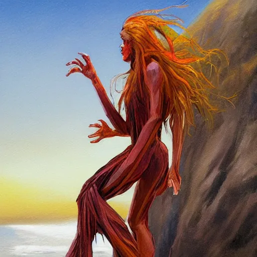 Image similar to improvisational by steve henderson. a beautiful print of a human - like creature with long, stringy hair. the figure has no eyes, only a mouth with long, sharp teeth. the creature is standing on a cliff overlooking a dark, foreboding sea.