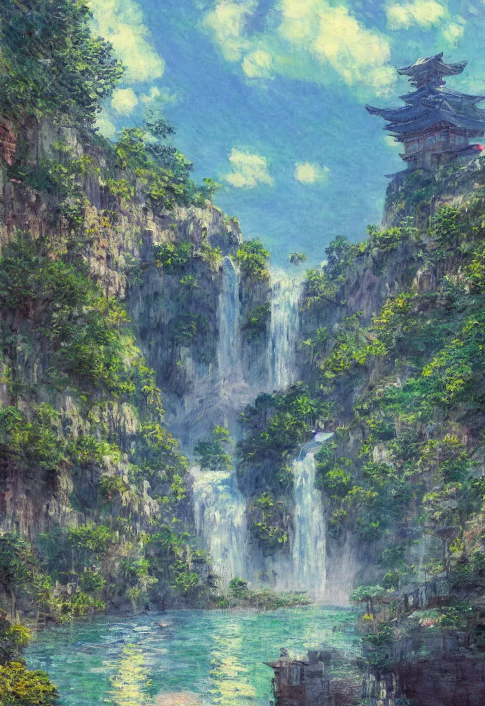 Prompt: a japanese city in the mountain surrounded by waterfall. cyberpunk, boats flying. beautiful blue sky. gorgeous epic nature, lofi, vivid colors, amazing light, by jeremy lipkin, by claude monet, heavily inspired by makoto shinkai, inspired by ghibli, masterpiece, multiple brush strokes, impressionist style