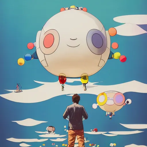 Image similar to a man walking on clouds away from the camera above kyoto by takashi murakami, beeple and james jean, aya takano color style, 4 k, super detailed, modern, 4 k, symmetrical