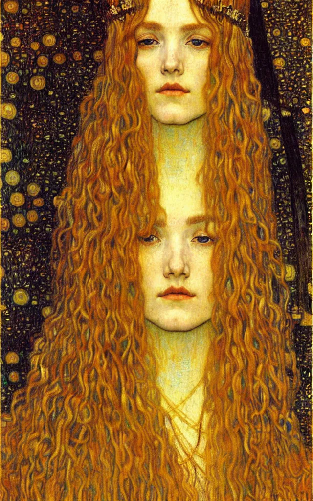 Image similar to detailed realistic beautiful young medieval queen face portrait by jean delville, gustav klimt and vincent van gogh, art nouveau, symbolist, visionary, gothic, pre - raphaelite, muted earthy colors, desaturated