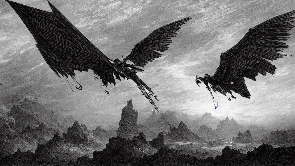 Prompt: drawing of an ornithopter flying toward a desert storm, by gustave dore, nineteenth century, black and white, vintage, science fiction, epic composition, dramatic lighting, highly detailed, cinematic