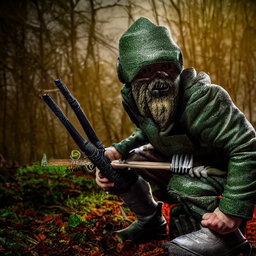 Prompt: a serbian gnome soldier carve up prey in the forest, high detail photoshoot, depth of field, studio lights