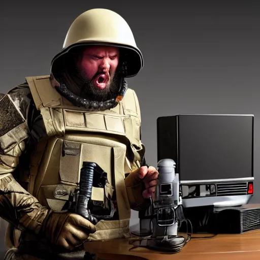 Image similar to angry man in juggernaut armor burning a desktop tower pc with a military flamethrower