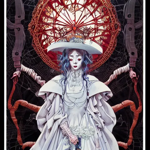 Prompt: portrait of crazy white pale girl wearing white victorian dress, symmetrical, by yoichi hatakenaka, masamune shirow, josan gonzales and dan mumford, ayami kojima, takato yamamoto, barclay shaw, karol bak, yukito kishiro