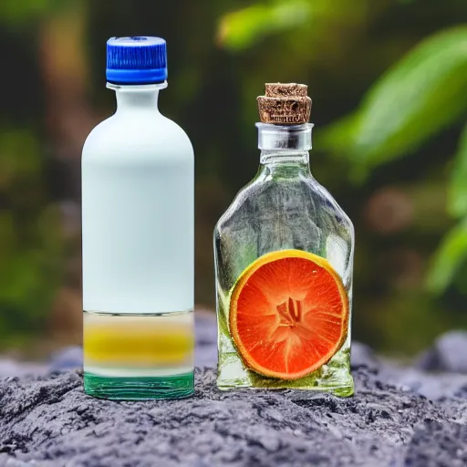 Image similar to symmetrical photo of small bottle standing in front volcano, products shot