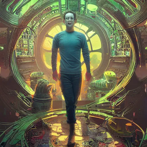 Image similar to Mark Zuckerberg as Pickle Rick from Rick and Morty, pickle, intricate, highly detailed, digital painting, artstation, oppressive lighting, fashion concept art, sharp focus, illustration, art by greg rutkowski and alphonse mucha