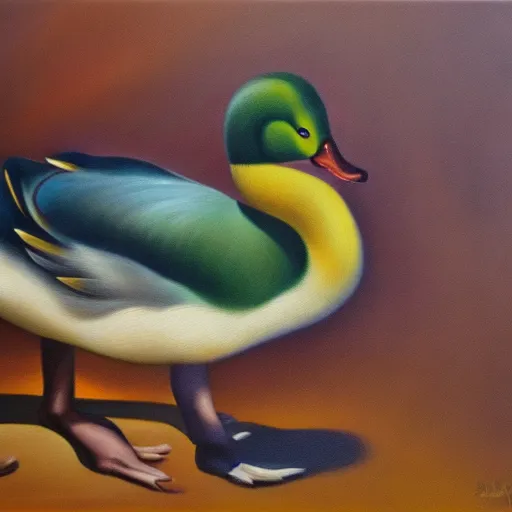 Prompt: a duck on the prowl oil painting angel planells