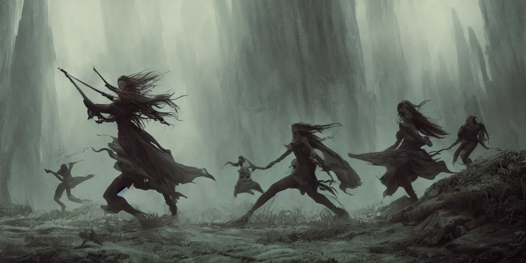 Image similar to cinematic, concept art, high fantasy matte painting, of a female bard and her adventuring party running from an angry crowd, foggy, depth of field, 8k, 35mm film grain, unreal engine 5 render highly detailed, digital painting, artstation, concept art, smooth, sharp focus, illustration, octane render, art by Leesha Hannigan, Ross Tran, Thierry Doizon, Kai Carpenter, Ignacio Fernández Ríos