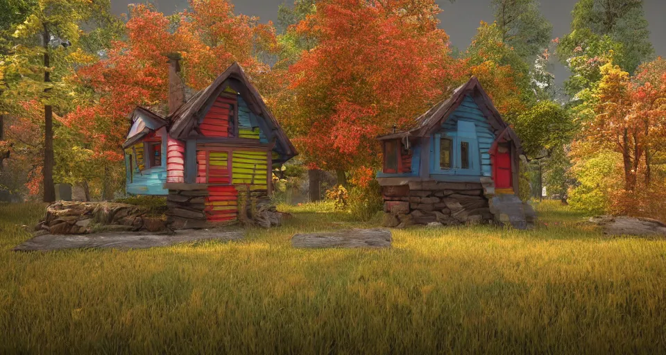 Prompt: colorful cottage in the middle of the woods, windy autumn day, peaceful environment, adventurous architecture, wooden fence, 3d render, unreal engine, trending on artstation, cgnation, by senior 3D artist