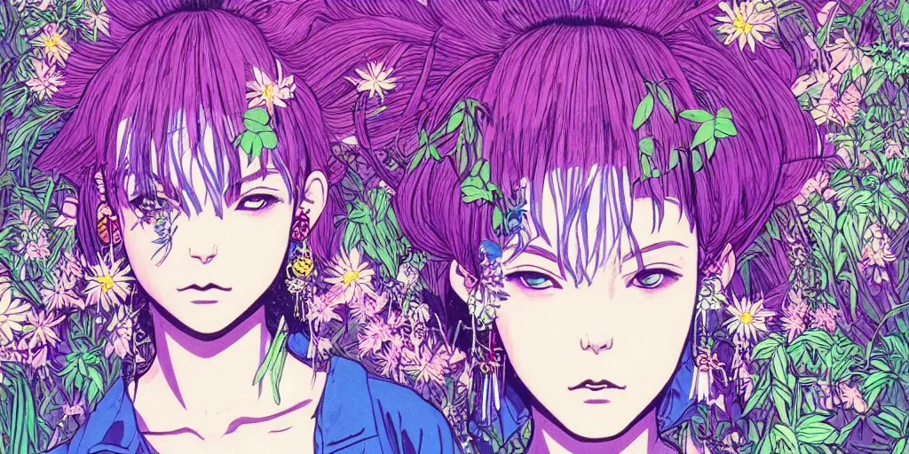 Image similar to risograph grainy drawing of neo - tokyo anime - like hero girl protagonist face, dull colors, with huge earrings, face covered with plants and flowers, by moebius and dirk dzimirsky and satisho kon, latex, close - up wide portrait, epic sad, perfect blue