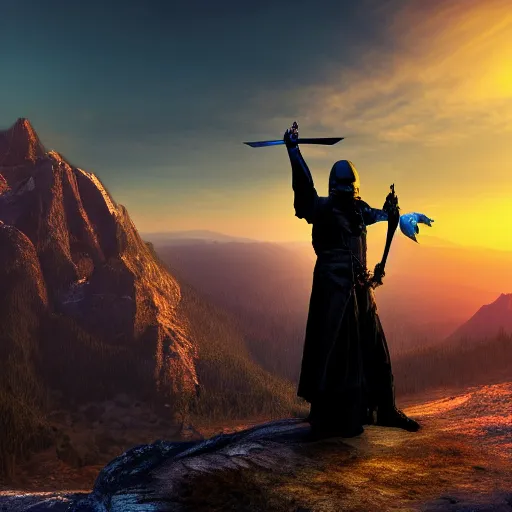 Image similar to a dark figure holding a sword, closeup shot, mountain's background, dawn, fantasy, 4 k resolution, award winning