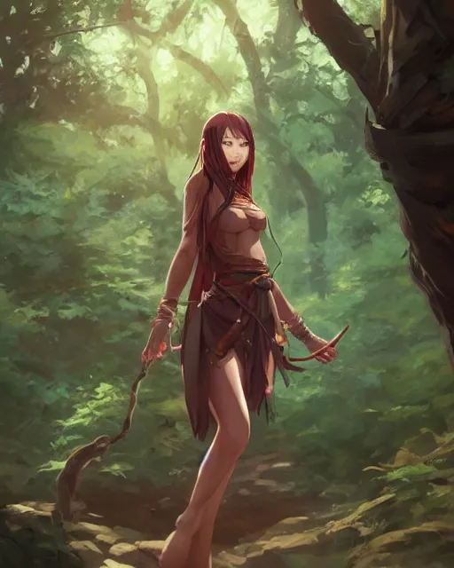 Prompt: an asian tribeswoman woman standing in the woods. By Makoto Shinkai, Stanley Artgerm Lau, WLOP, Rossdraws, James Jean, Andrei Riabovitchev, Marc Simonetti, krenz cushart, Sakimichan, D&D trending on ArtStation, digital art.