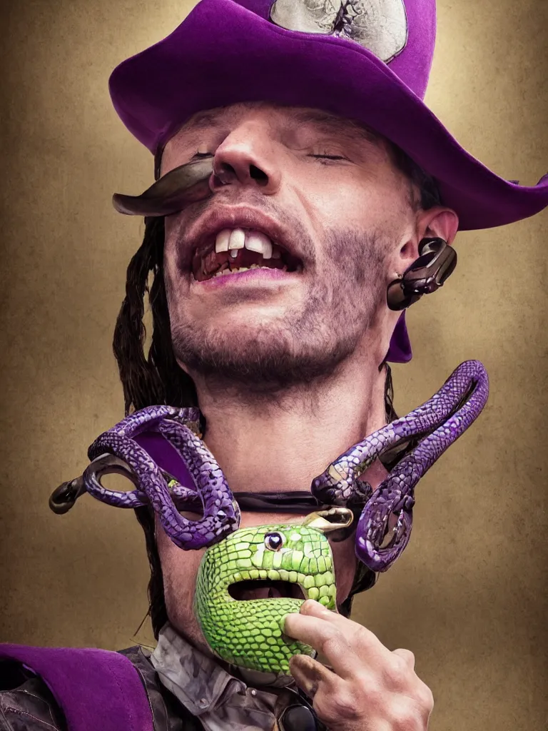 Image similar to professional corporate portrait closeup headshot profile picture of cowboy snake oil salesman wearing purple green medieval armour with snake oil stimulant tonic formula tincture dripping from his lips and dollar bill print tinted skin, by Greg Rutkowski, 8K, hyper detailed, realistic, by onesal, by sixnfive , behance 3d , studio photography DSLR, Photoreal epic composition