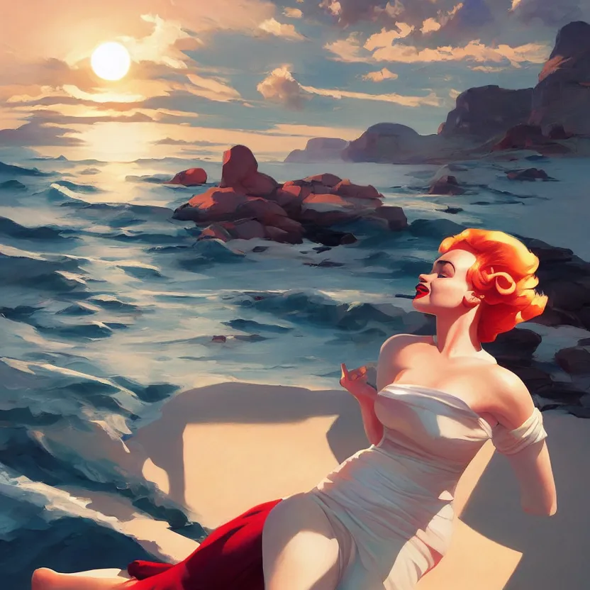 Image similar to a cinematic marilyn monroe, octane render, hyperrealistic, at sunrise, by edward hopper jesper ejsing, by rhads, makoto shinkai and lois van baarle, ilya kuvshinov, rossdraws