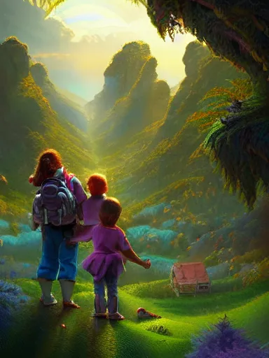 Prompt: dad. mom. kids. a happy familly looking at a distant rainbow. green valley horizon. intricate, elegant, highly detailed, digital painting, artstation, concept art, sharp focus, illustration, by justin gerard and artgerm, 8 k