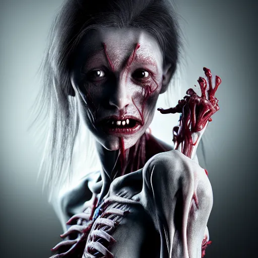 Image similar to female vampire with translucent skin, visible muscles and veins and arteries and bones and spine and nerves, beautiful detailed intricate insanely detailed octane render, 8K artistic photography, photorealistic, chiaroscuro, by David Cronenberg