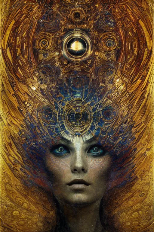 Prompt: Intermittent Chance of Chaos Muse by Karol Bak, Jean Deville, Gustav Klimt, and Vincent Van Gogh, enigma, destiny, fate, unearthly gears, otherworldly, fractal structures, arcane, prophecy, ornate gilded medieval icon, third eye, spirals