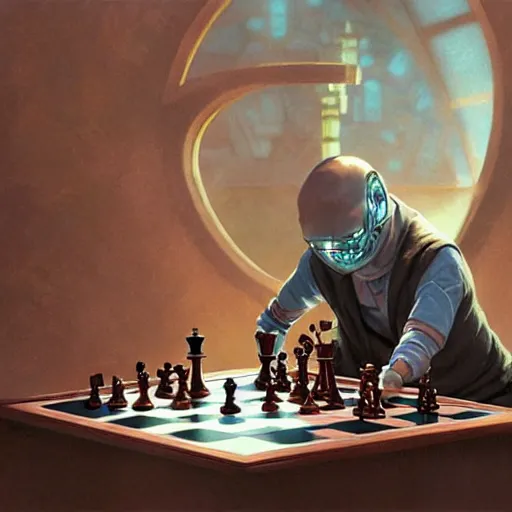 Prompt: perfectly - kid playing chess with robot, intricate, highly detailed, digital painting, artstation, concept art, smooth, sharp focus, illustration, unreal engine 5, 8 k, art by artgerm and greg rutkowski and alphonse mucha
