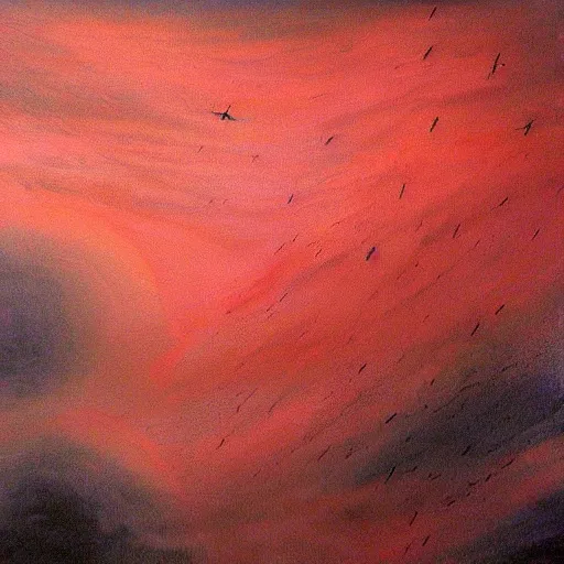 Image similar to Evil sky people coming down, red sky, eerie, ominous, in the style of eerie painting