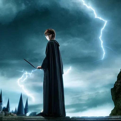 Image similar to Harry potter standing and holding a short wand, magic aura, back view, thunderclouds, cinematic shot, wide shot, epic scale, waving robe movement, photorealistic detail and quality, intricate ground stone, magical sigils, floating particle effects, movie still, nighttime, crescent moon, sharp and clear, action shot, intense scene, visually coherent, symmetry, rule of thirds, movement, photorealistic colors, cool colors transitioning to warm colors, modest tone, award winning, directed by Steven Spielberg, Christopher Nolan, Tooth Wu, Asher Duran, artstation