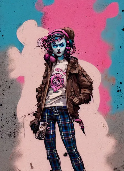 Image similar to highly detailed portrait of a sewer punk lady, blue eyes, tartan hoody, ringlet hair by atey ghailan, by greg rutkowski, by greg tocchini, by james gilleard, by joe fenton, by kaethe butcher, gradient pink, brown, light blue and white color scheme, grunge aesthetic!!! ( ( graffiti tag wall background ) )