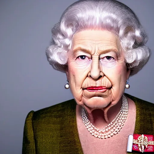 Image similar to portrait of the queen of england with a lit cigarette in her mouth while squinting, portrait, medium shot, gentle studio lighting, professional, tasteful