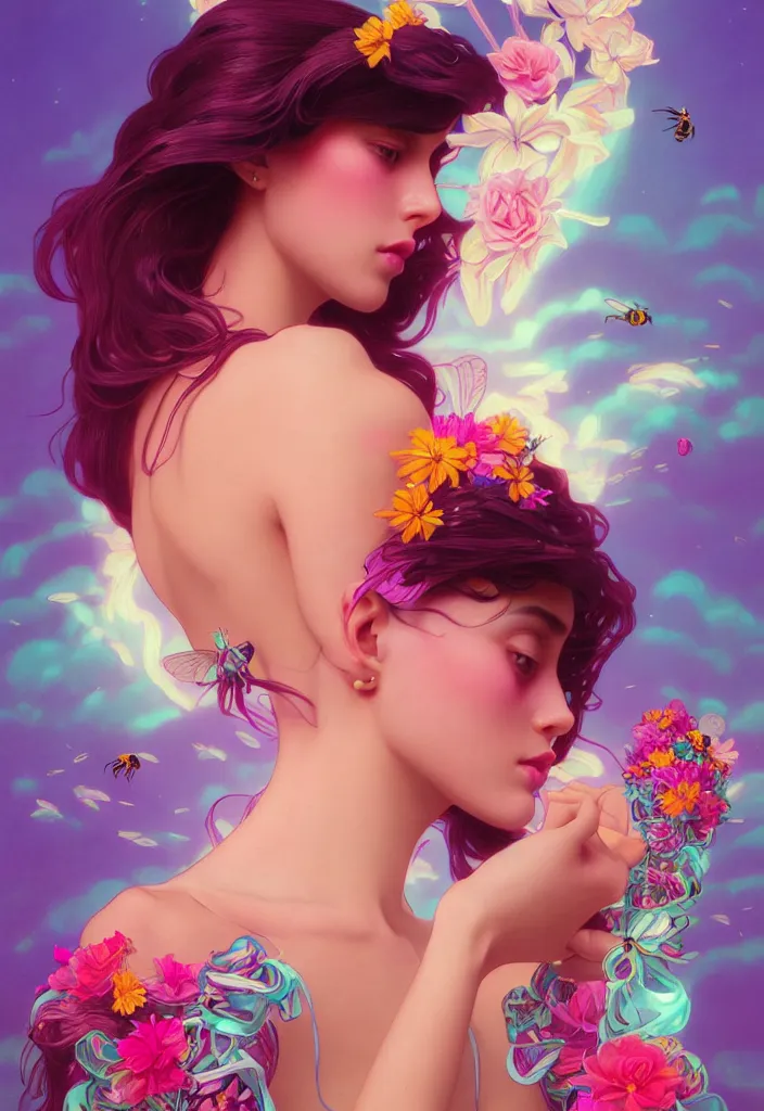 Image similar to young beautiful woman, gorgeous face, vaporwave aesthetic, synthwave, colorful, psychedelic, artstation, flowers, bees, ribbons, concept art, full - body, gown, smooth, extremely sharp detail, finely tuned detail, 8 k, unreal engine 5, ultra sharp focus, illustration, art by artgerm and greg rutkowski and alphonse mucha