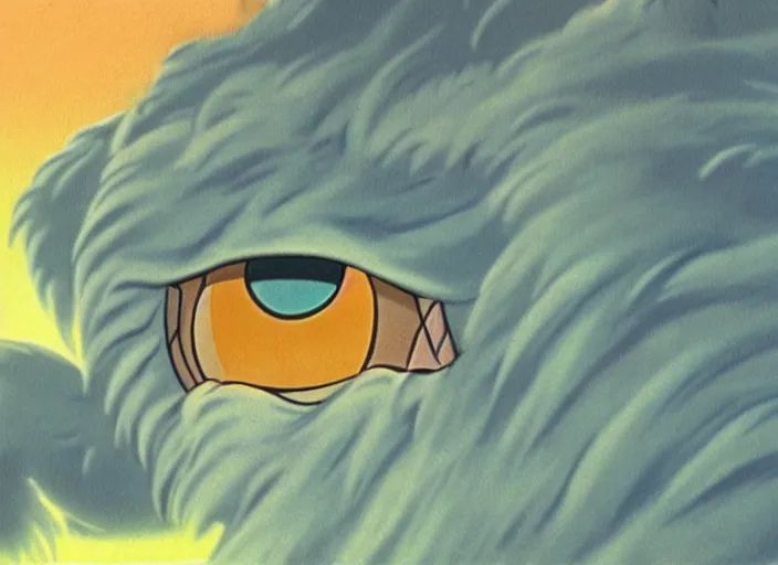 Prompt: fluorescent soft pleasing - palette friendly colossal gentle monster friendly giant wind spirit yeti, eyes, character portrait, close - up, pleasing palette, undulating nebulous sunset clouds, adorable, friendly, dyllic cumulonimbus still from fantasia pastel from fantasia ( 1 9 4 1 )