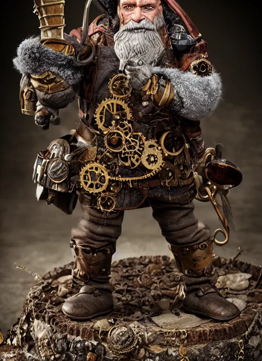 Image similar to 8 5 mm f 1. 8 photograph of a claymation steampunk warrior dwarf, highly detailed diorama, by erwin olaf, smooth, sharp foccus, commercial photography, fashion shoot