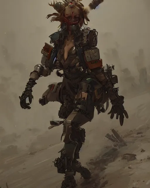 Image similar to hyper realistic photo of postapocalyptic nomad cyborg warrior geisha, full body, cinematic, artstation, cgsociety, greg rutkowski, james gurney, mignola, craig mullins, brom, ghibli, mucha