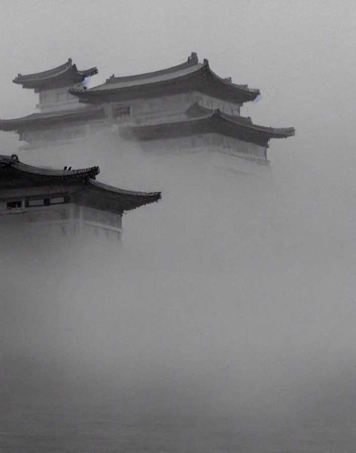 Image similar to a filmstill of a north korean monster movie, kaiju - eiga monster starfish - like trampling a traditional korean palace, foggy, film noir, video compression