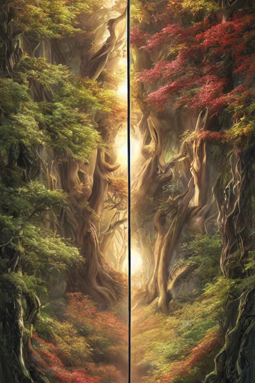 Prompt: tree of four seasons, volymetric light, highly detailed matte painting by noriyoshi ohrai, by charlie bowater, by mark brooks