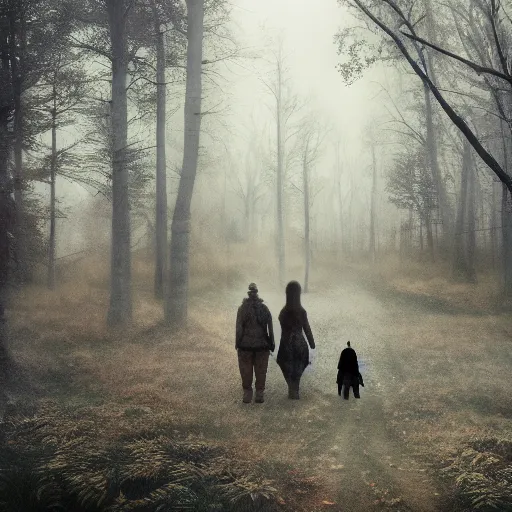 Image similar to spectres in the enchanted forest covered by foggy clouds of mist haul at the lone traveller of the roads, twilight, dreamy sequence, macabre spectacle, skeletal figures, curious, solitude, uneasy, octane, unreal 5, cinematic, 8 k uhd, intricate detail, hyperrealist, sharp, photoshop, polished, edited