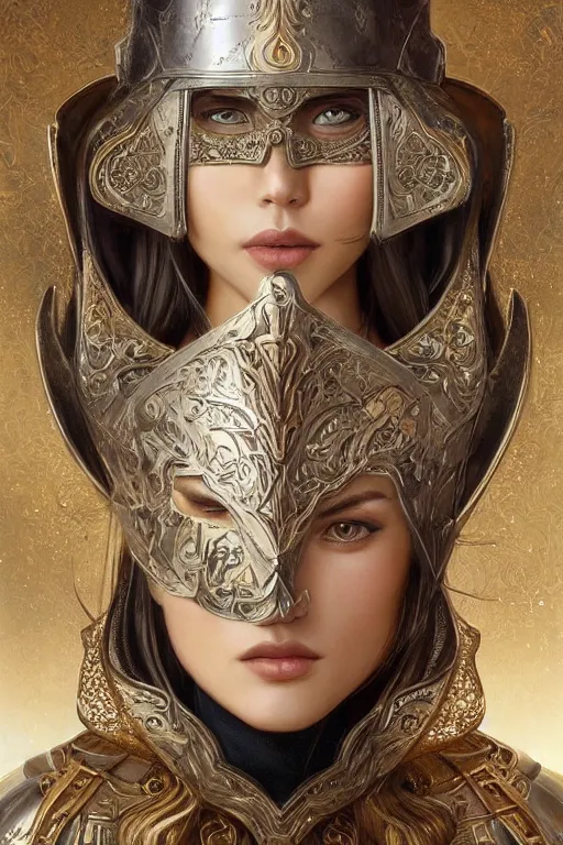 Image similar to attractive young female wearing an ornate metallic helmet, clothed in battle armor, olive skin, long dark hair, beautiful bone structure, symmetrical facial features, intricate, elegant, highly detailed, digital painting, trending on Artstation, concept art, smooth, sharp focus, illustration, art by artgerm and greg rutkowski and alphonse mucha