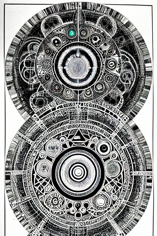 Prompt: a black and white drawing of chakra mandala ancient stargate portal, bioluminescence, a detailed mixed media collage by eduardo paolozzi and ernst haeckel, intricate linework, sketchbook psychedelic doodle comic drawing, geometric, deconstructivism, matte drawing, academic art, constructivism