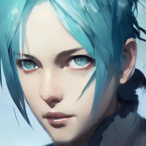 Image similar to realistic portrait of Sinon from sword art online, short blue hair, dramatic lighting, illustration by Greg rutkowski, yoji shinkawa, 4k, digital art, concept art, trending on artstation