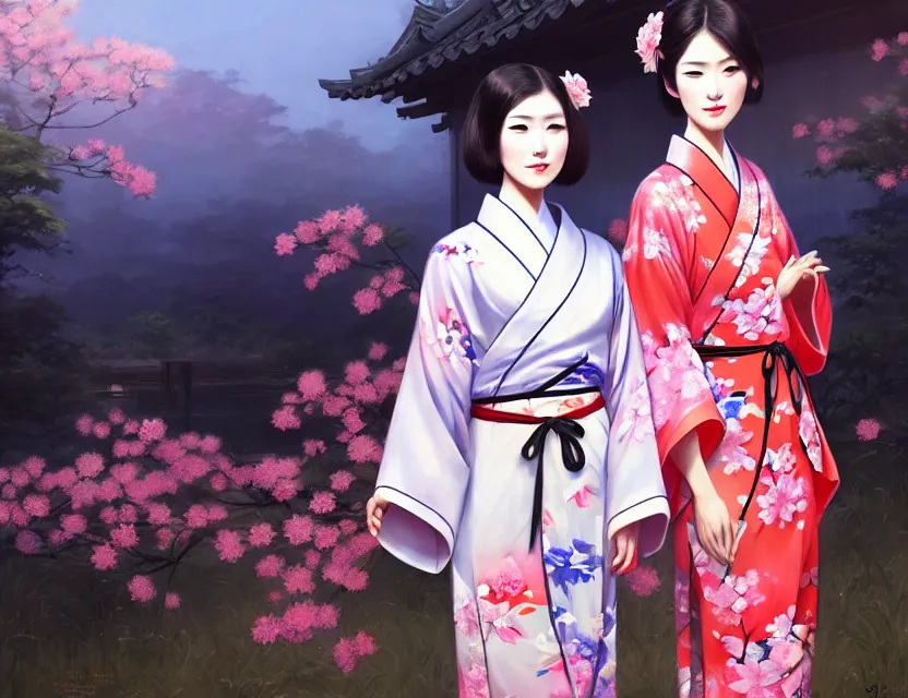 Image similar to two beautiful fashion taiwan girls wear elegant yukata in festival | | big eyes, summer night, realistic shaded, smile, good looking, fine details, 4 k realistic, cryengine, realistic shaded lighting poster by greg rutkowski, magali villeneuve, artgerm, jeremy lipkin and michael garmash and rob rey