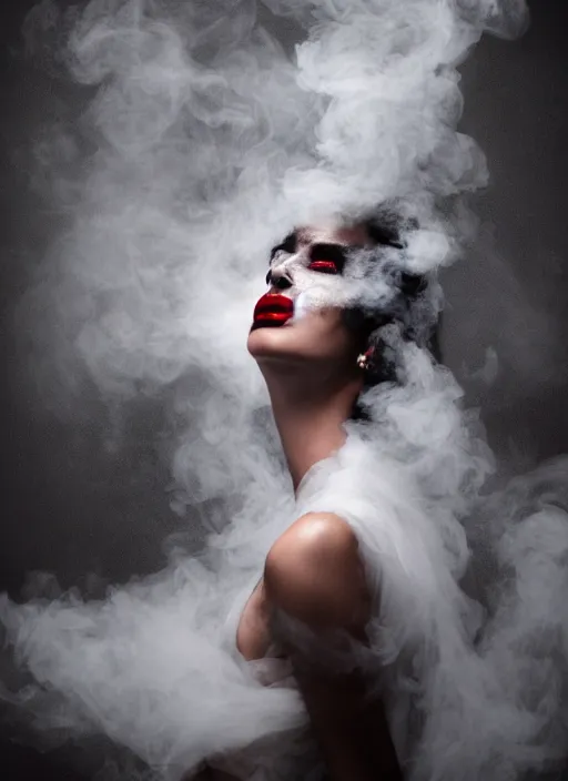 Image similar to a Photorealistic dramatic hyper realistic render of a glamorous Mexican ghost smoke by Ken Brower and Deborah Ory, Lois Greenfield, Beautiful dynamic dramatic dark moody lighting, volumetric, shadows, cinematic atmosphere, Octane render, 8K