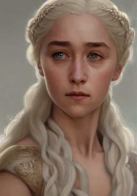 Image similar to daenerys saoirse ronan, intricate, elegant, highly detailed, digital painting, artstation, concept art, smooth, sharp focus, illustration, art by artgerm and greg rutkowski and alphonse mucha and william - adolphe bouguereau