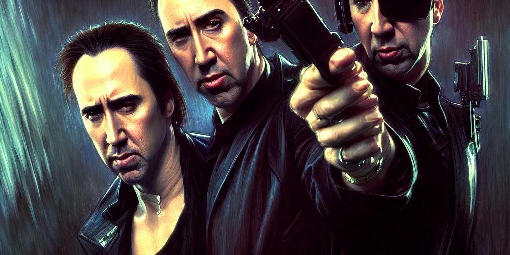 Image similar to nicholas cage as neo, the matrix, cinematic, highly detailed, digital painting, artstation, concept art, matte, sharp focus, illustration, art by artgerm and greg rutkowski and alphonse mucha