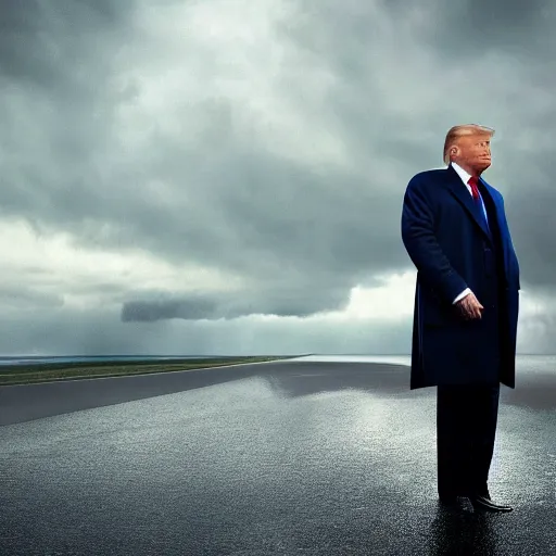 Image similar to 4 k hdr full body wide angle sony portrait of donald trump in a showering rainstorm with moody stormy overcast lighting