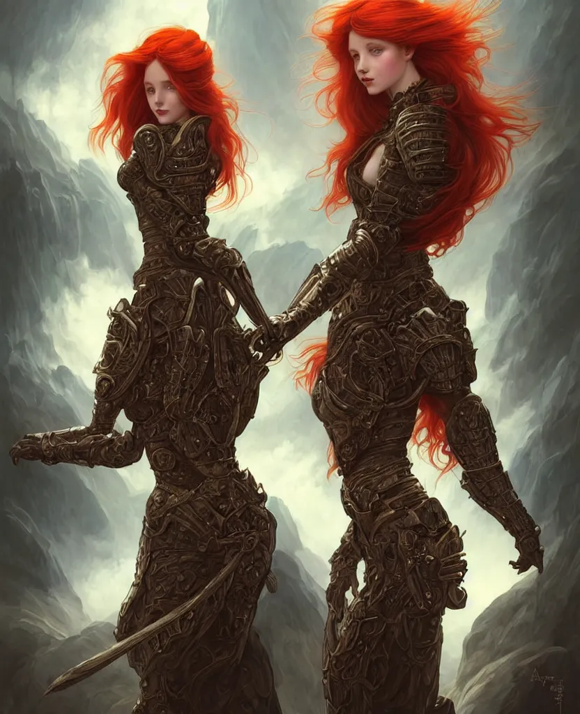 Prompt: beautiful young princess. she is a fire wizard with fire red hair and freckles. she is wearing armor inspired by giger with an exposed midriff. standing on a mountain top with epic clouds and volumetric lighting. intricate illustration and highly detailed digital painting. concept art by artgerm with border inspired by alphonse mucha. inspired by brom art and larry elmore.