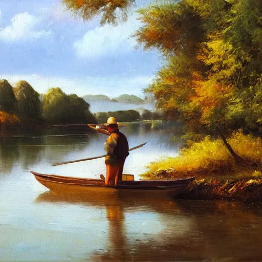 Prompt: fisherman at the riverside, idyllic, relaxing, oil painting, continental school of art, 4 k, fine art, atelier