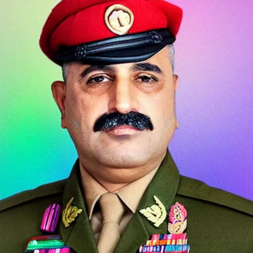 Prompt: professional portrait of an arab military general with a big mustache wearing a beret, rainbow background, 8 k, intricate, detailed,