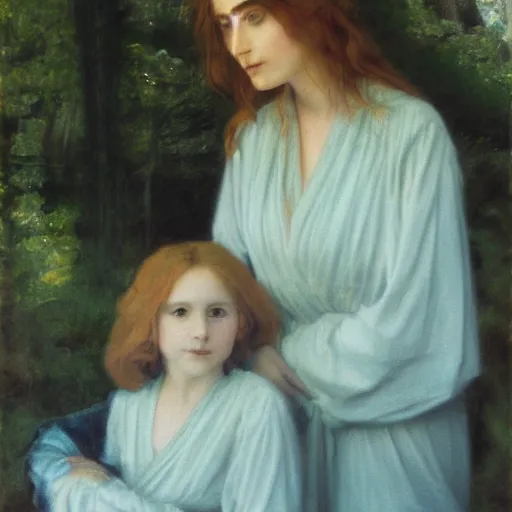 Prompt: painting of a pre - raphaelite girl and mother in robes, 5 0 mm lens, f 1. 4, sharp focus, ethereal, emotionally evoking, head in focus, volumetric lighting, blur dreamy outdoor,