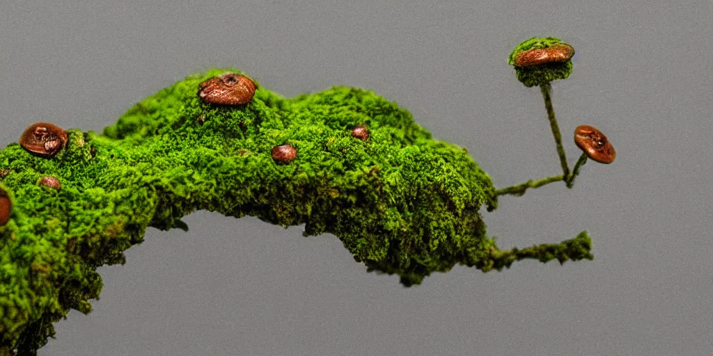 Image similar to extraterrestrial moss with some tiny red mushrooms, fog, dew, realistic, highly detailed, macro photography, trending on artstation