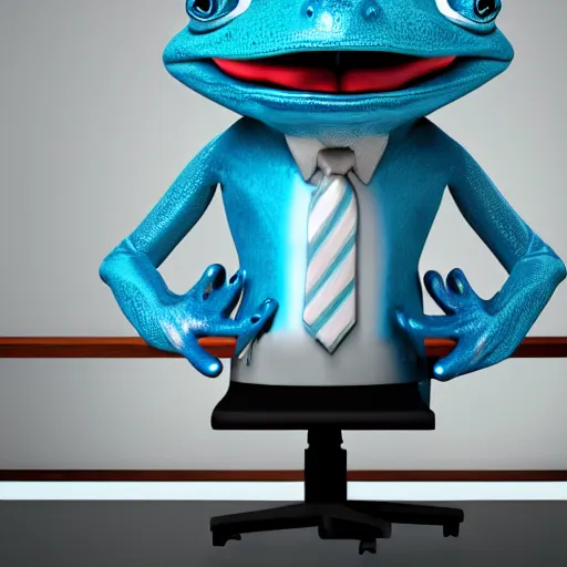 Image similar to Octane render professional portrait of an anthropomorphic blue frog wearing a suit sitting in an office, 8k, very intricate, very detailed,